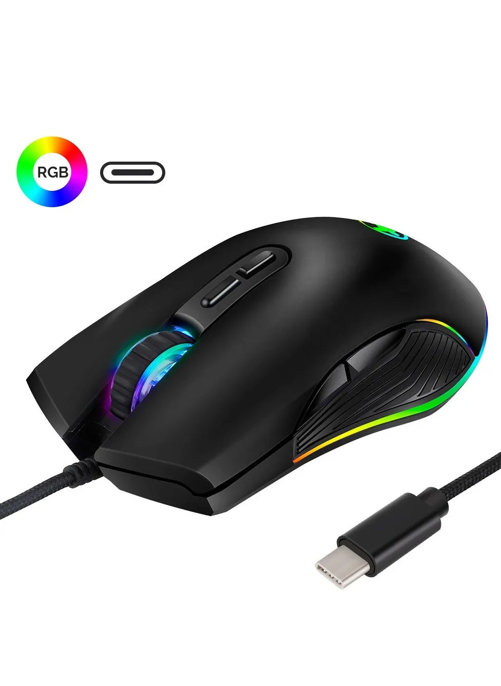 ماوس كهروضوئي سلكي USB-C، ضوء مبهر RGB، مناسب للألعاب وألعاب الهاتف المحمول والهواتف المحمولة. مثالية للاستخدام المكتبي والمنزلي.-1