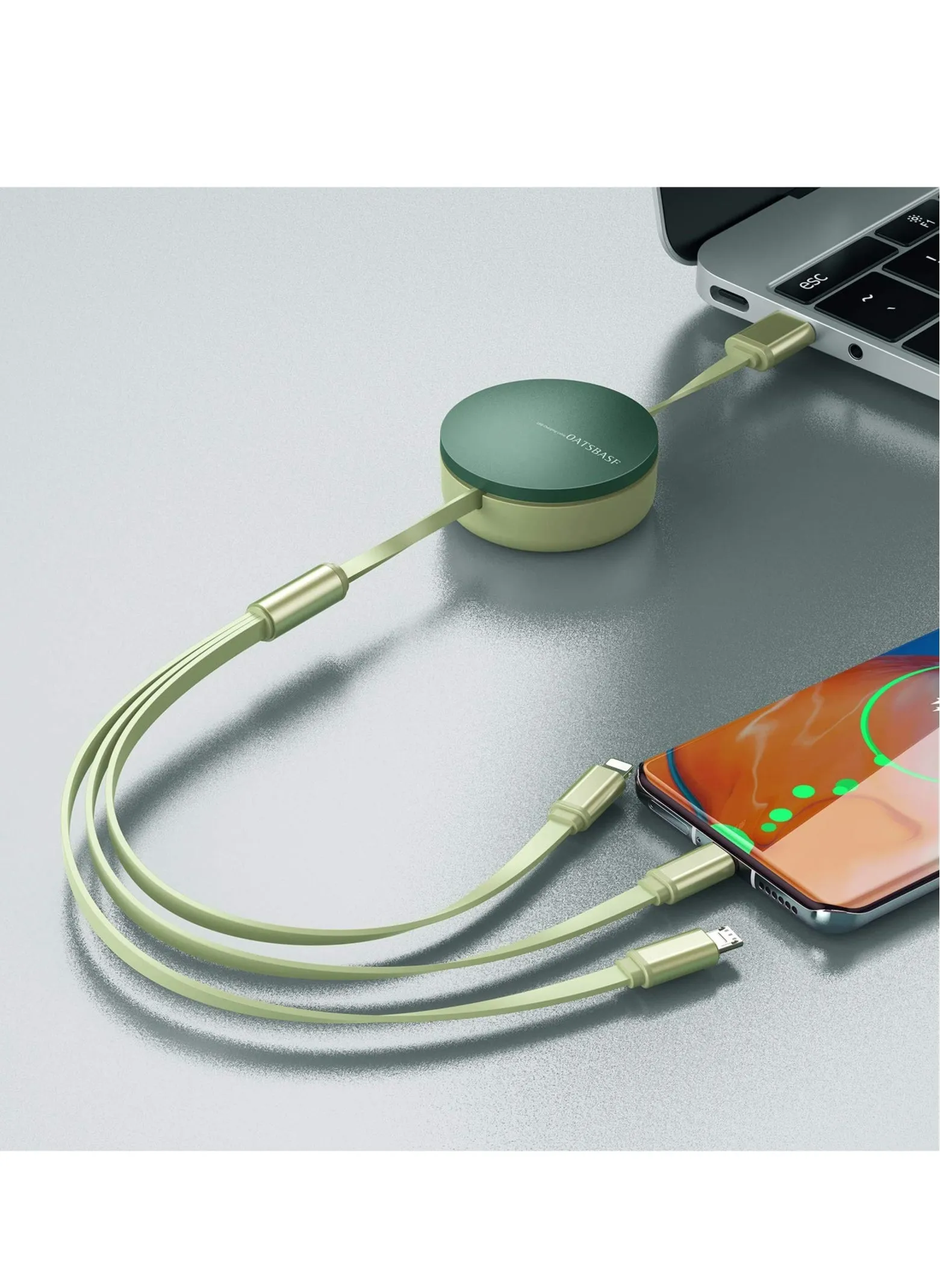 شاحن USB، كابل قابل للسحب 3 في 1 محول سلك شحن متعدد مع منفذ Mini Type C/Micro USB/منفذ هاتف/حامل، متوافق مع الهاتف 14 13 12 11 X/الأجهزة اللوحية للاستخدام العالمي-2