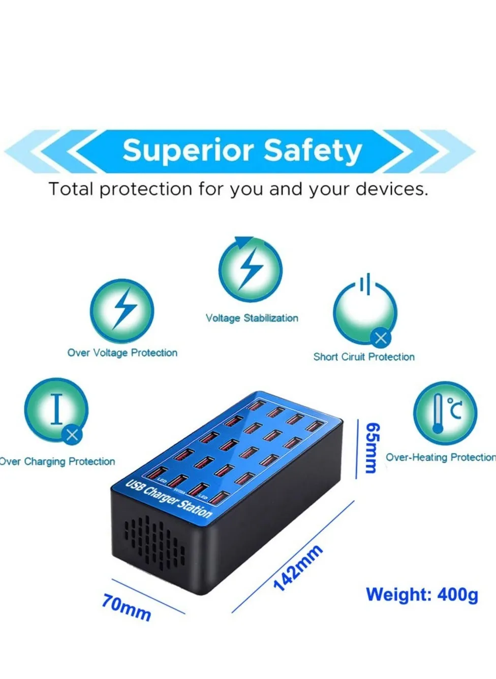 USB Charger Station, 20-Port 100W/20A Multiple USB Charging Station, Multi Ports USB Charger Charging, Tablets and Other USB Devices, for Hotels, Shops, Schools, Shopping malls and Travel-2