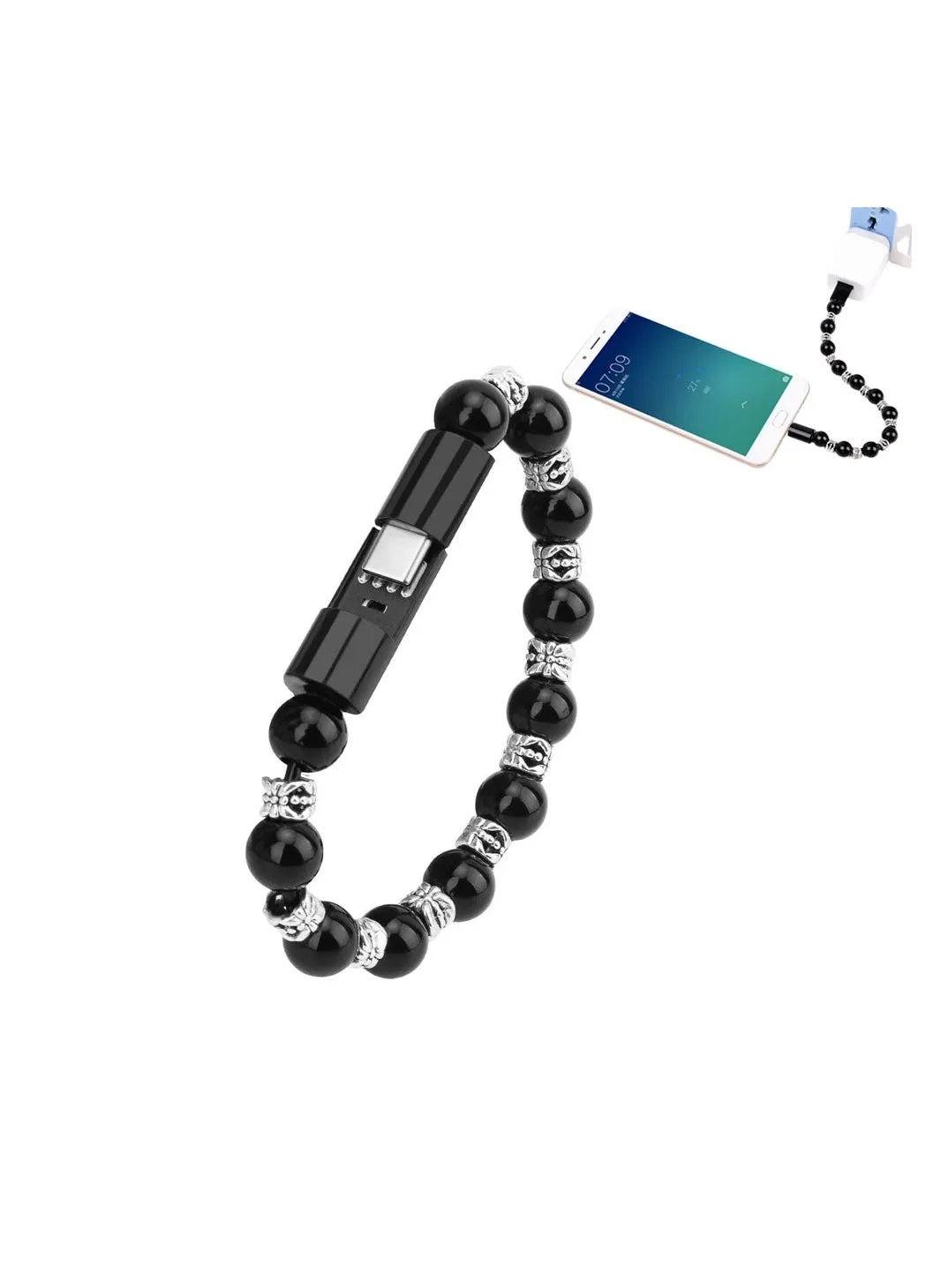 USB Charging Cable Bracelet, Black Durable Charging Bracelets Cable Charger Cord Fashion Prayer Beads Wrist Line-1