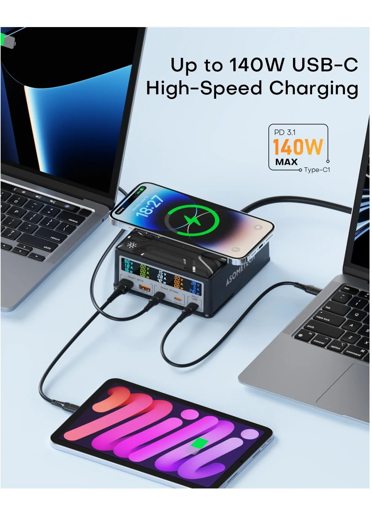 محطة شحن USB، محطة شحن USB C سريعة 260 وات 5 منافذ، شاحن 140 وات PD3.1 USB C GaN مع شاشة LCD، شاحن لاسلكي، محور شحن USB لسطح المكتب لجهاز MacBook Pro/Air، iPad، لهاتف iPhone، Samsung-2