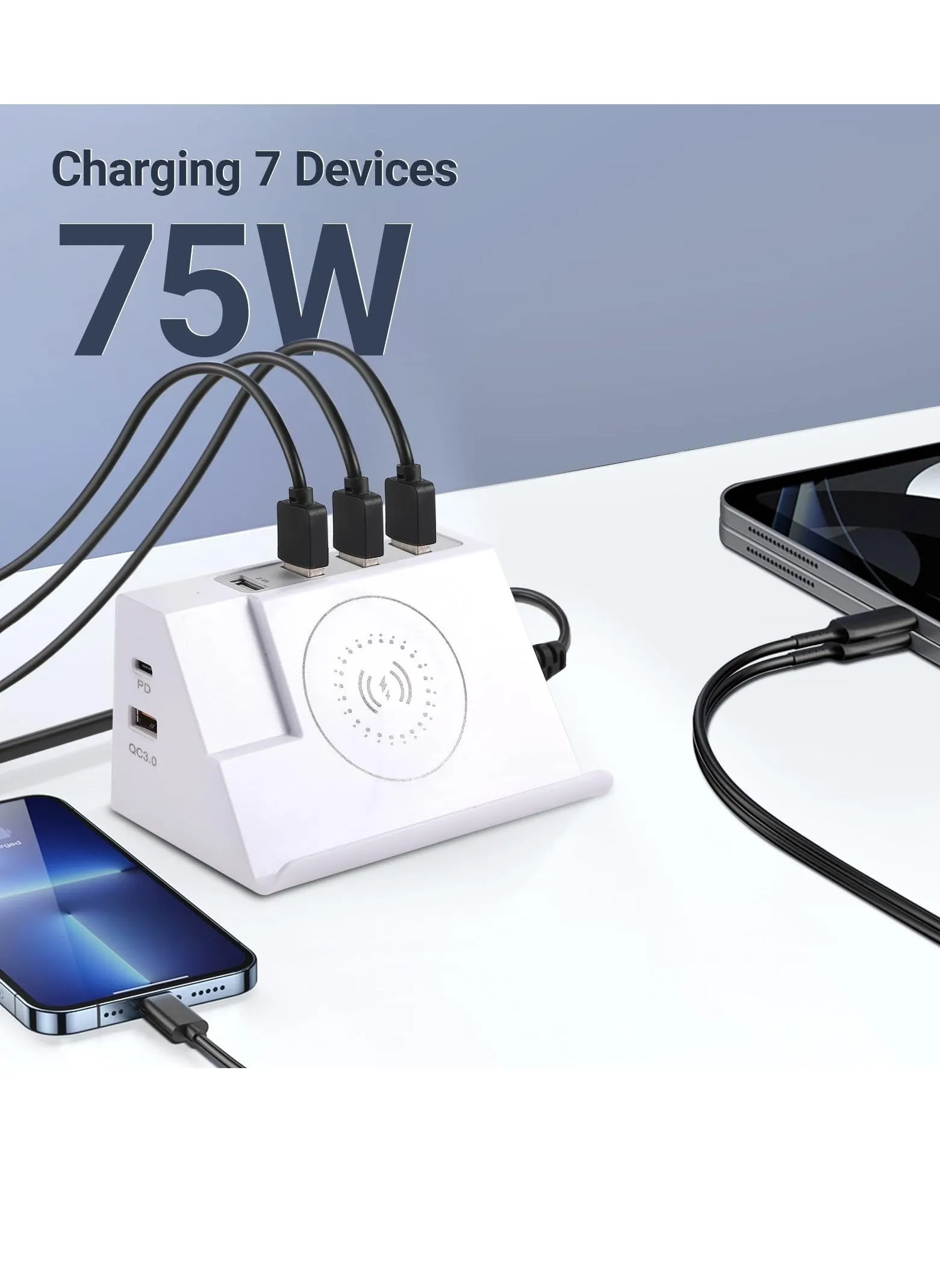 محطة شحن USB، محطة شحن USB لاسلكية بـ 6 منافذ، محطة شحن USB C، محطة شحن USB متعددة بقوة 75 وات لأجهزة متعددة، هاتف محمول، قابس بريطاني-2