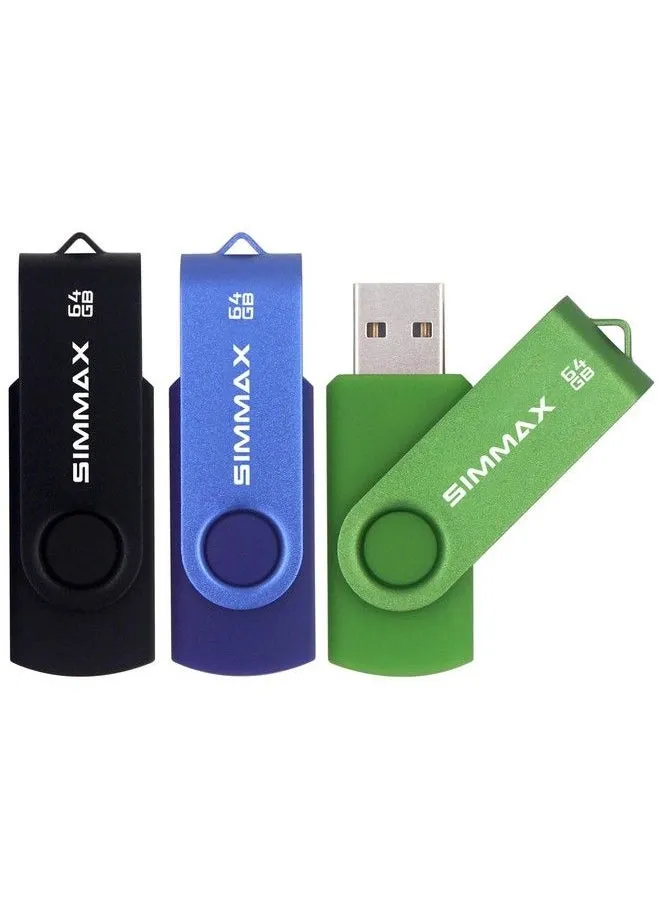 Usb Flash Drives 3 Pack 64Gb Memory Stick Swivel Design Usb 2.0 Flash Drive Thumb Drive Zip Drives (64Gb Blue Green Black)-1