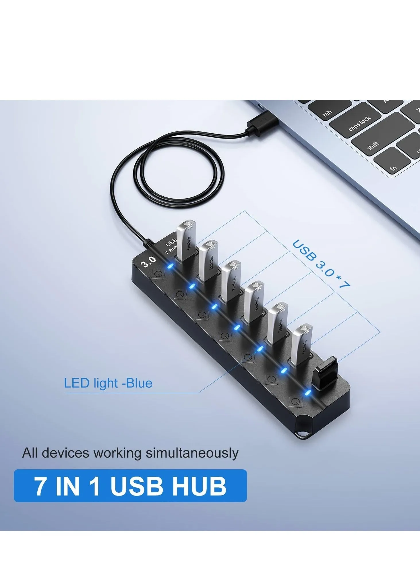 موزع USB 3.0، موزع USB بـ 7 منافذ مع مفاتيح تشغيل وإيقاف فردية، كابل بطول 3.2 قدم، 1 متر متوافق مع أجهزة MacBook، والكمبيوتر المحمول، وSurface Pro، وPS4، والكمبيوتر الشخصي، ومحرك الأقراص المحمول، ومحر-2