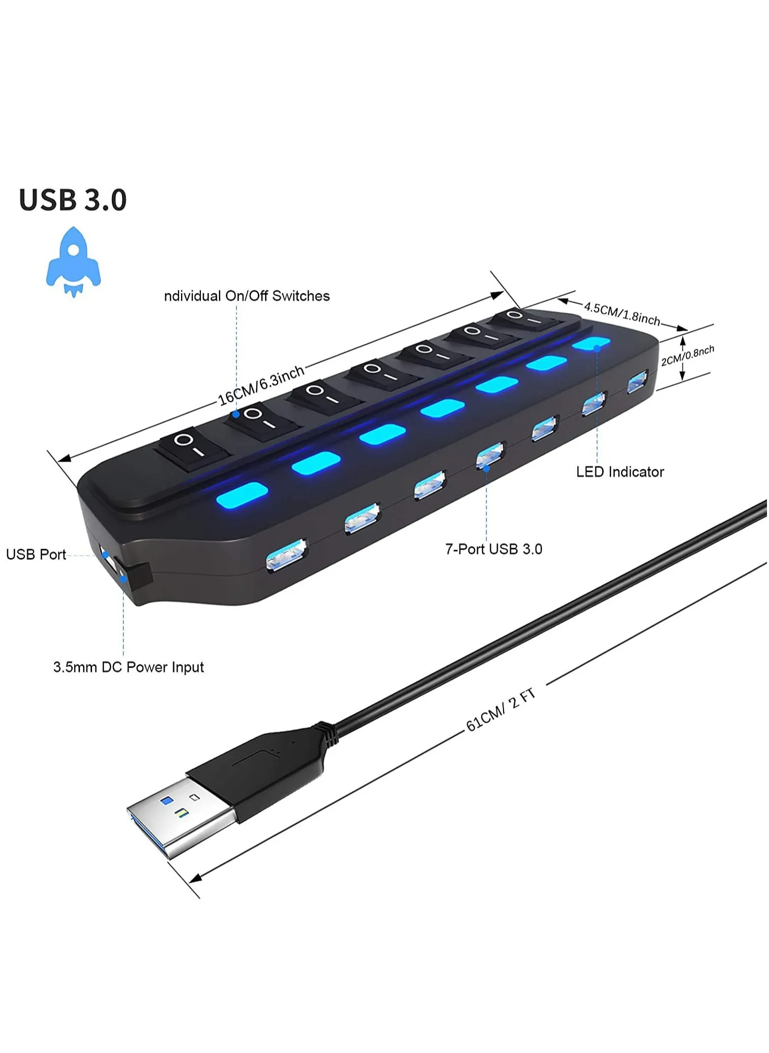 USB Hub 3.0 Splitter, 7 Port USB Data Hub with Individual On/Off Switches and Lights for Laptop, PC, Computer, Mobile HDD, Flash Drive, PD Charging for Macbook and Other Type C Laptops-2