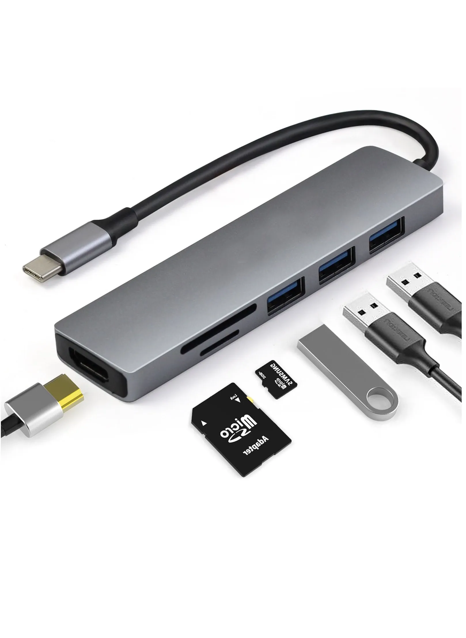 USB Hub محول متعدد المنافذ 6 في 1 دونجل ألومنيوم محمول للمساحة مع مخرج HDMI 4K 3 منافذ USB 3.0 قارئ بطاقات SD/Micro SD-1