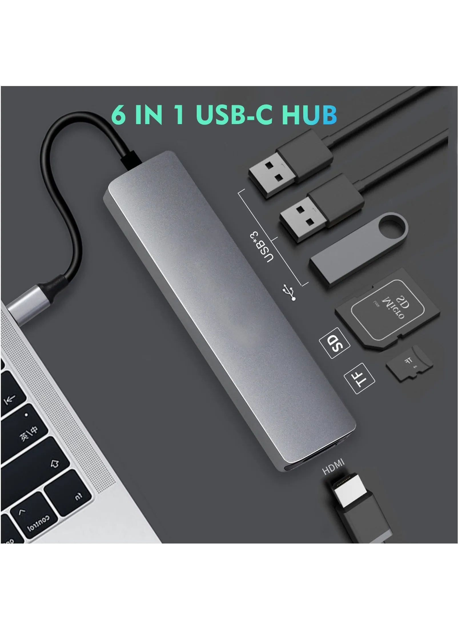 USB Hub محول متعدد المنافذ 6 في 1 دونجل ألومنيوم محمول للمساحة مع مخرج HDMI 4K 3 منافذ USB 3.0 قارئ بطاقات SD/Micro SD-2