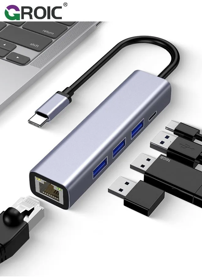 موزع منافذ USB مع شبكة LAN، محول USB A وUSB C إلى منفذ إيثرنت USB مدمج، منافذ USB متعددة لأجهزة الكمبيوتر الشخصية وأجهزة Mac Alloy Extra 1 Type C و3 منافذ USB مع موزع USB RJ45-1