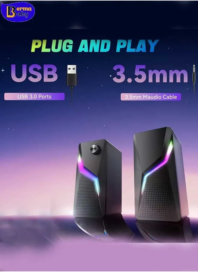 مكبر صوت ألعاب كمبيوتر سلكي 2.0 مزود بمنفذ USB RGB، مكبر صوت USB للكمبيوتر المكتبي، مكبر صوت ستيريو سلكي للكمبيوتر المحمول-1