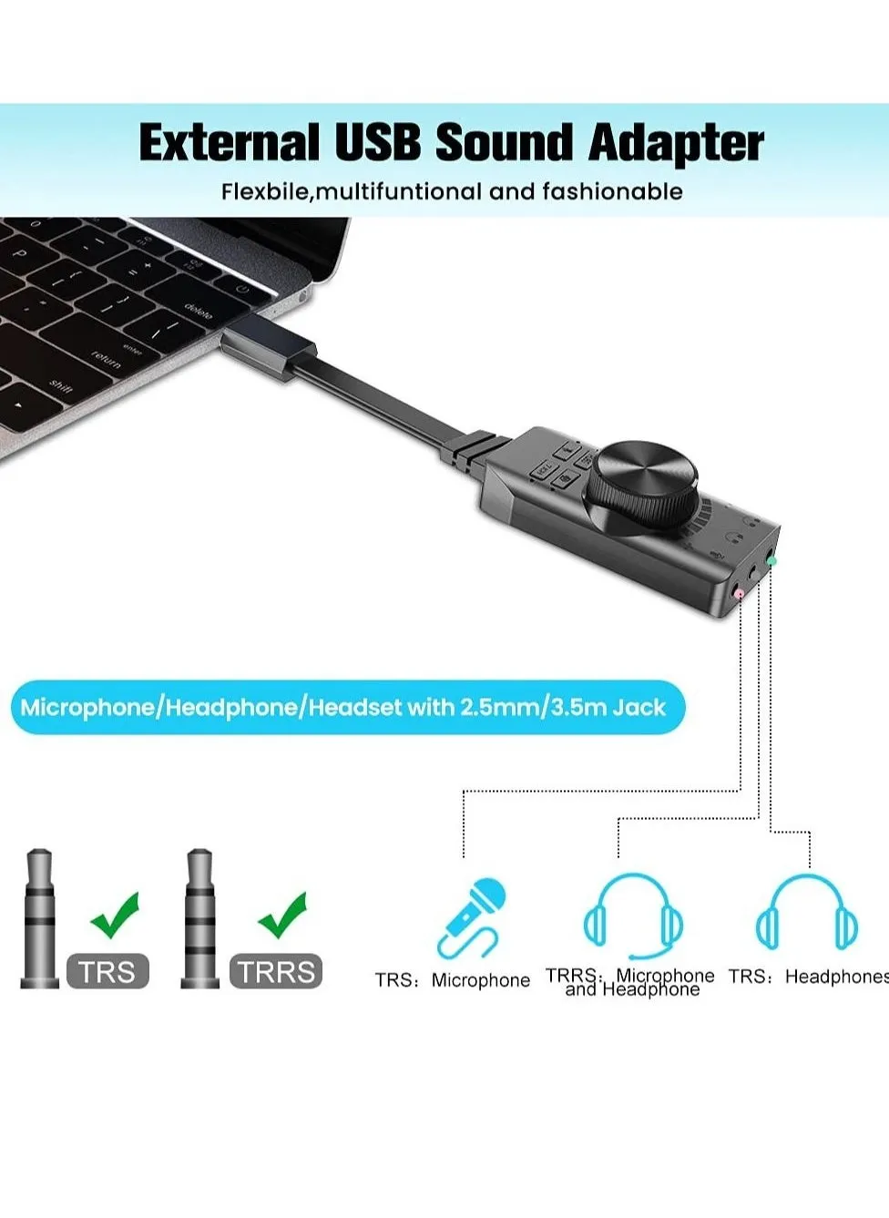 محول بطاقة صوت USB محول بطاقة صوت خارجية USB إلى صوت مع التحكم في مستوى الصوت محول صوت خارجي مقاس 3.5 مم لنظامي التشغيل Windows وMac، التوصيل والتشغيل، لا حاجة إلى برامج تشغيل-2