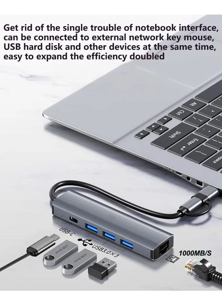 محول USB إلى Ethernet، موزع USB 5 في 2 مع Ethernet، التوصيل والتشغيل، محول شبكة متعدد المنافذ مع 3 منافذ USB 3.0، Gigabit RJ45، منفذ طاقة USB-C متوافق مع أجهزة الكمبيوتر المحمولة MacBook XPS Windows 11-2