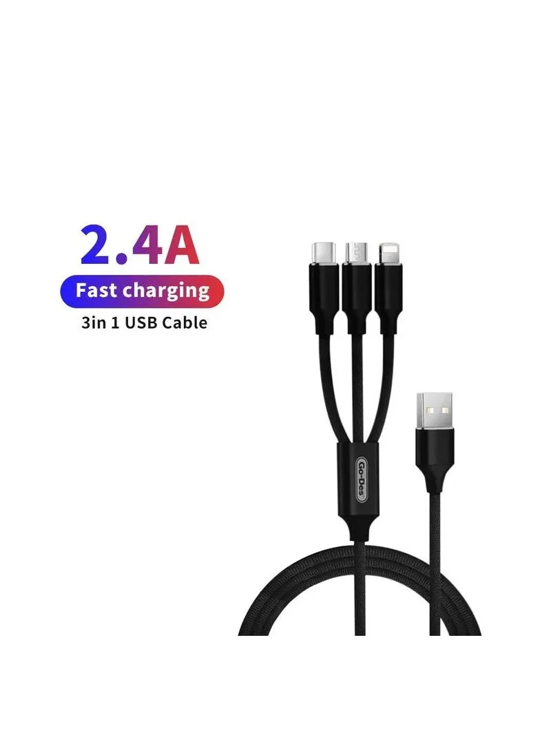 كابل شحن من USB إلى Lightning Micro USB من النوع C بثلاثة خطوط شحن للهواتف المحمولة Go-Des-1