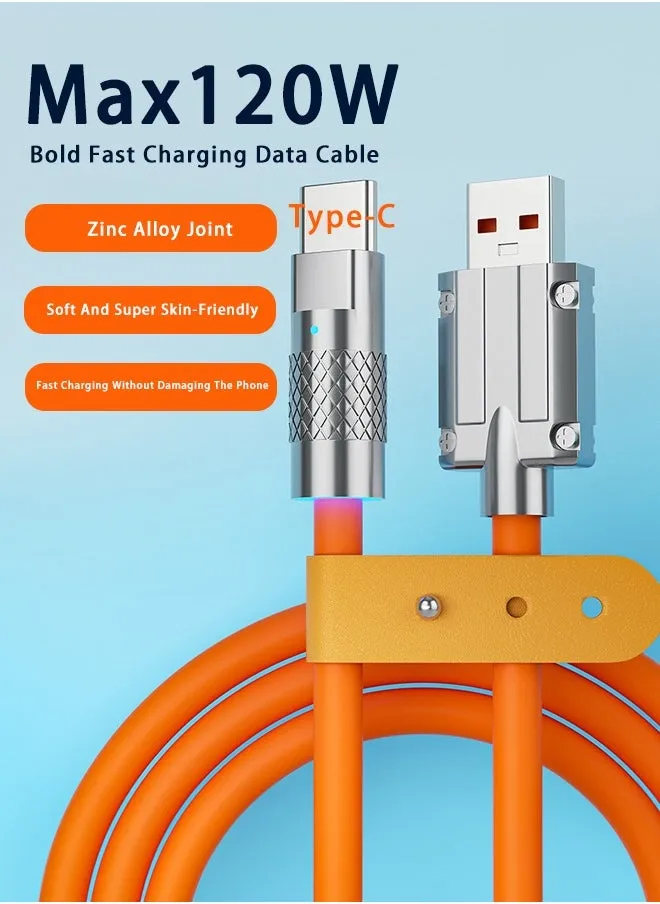 سلك شحن USB من النوع C 1 متر ، شاحن 6A سريع الشحن من النوع C 120 واط ، تصميم واجهة سبائك الزنك ، سلك مرن TPE شديد التحمل ، متوافق مع هاتف Android برتقالي-1