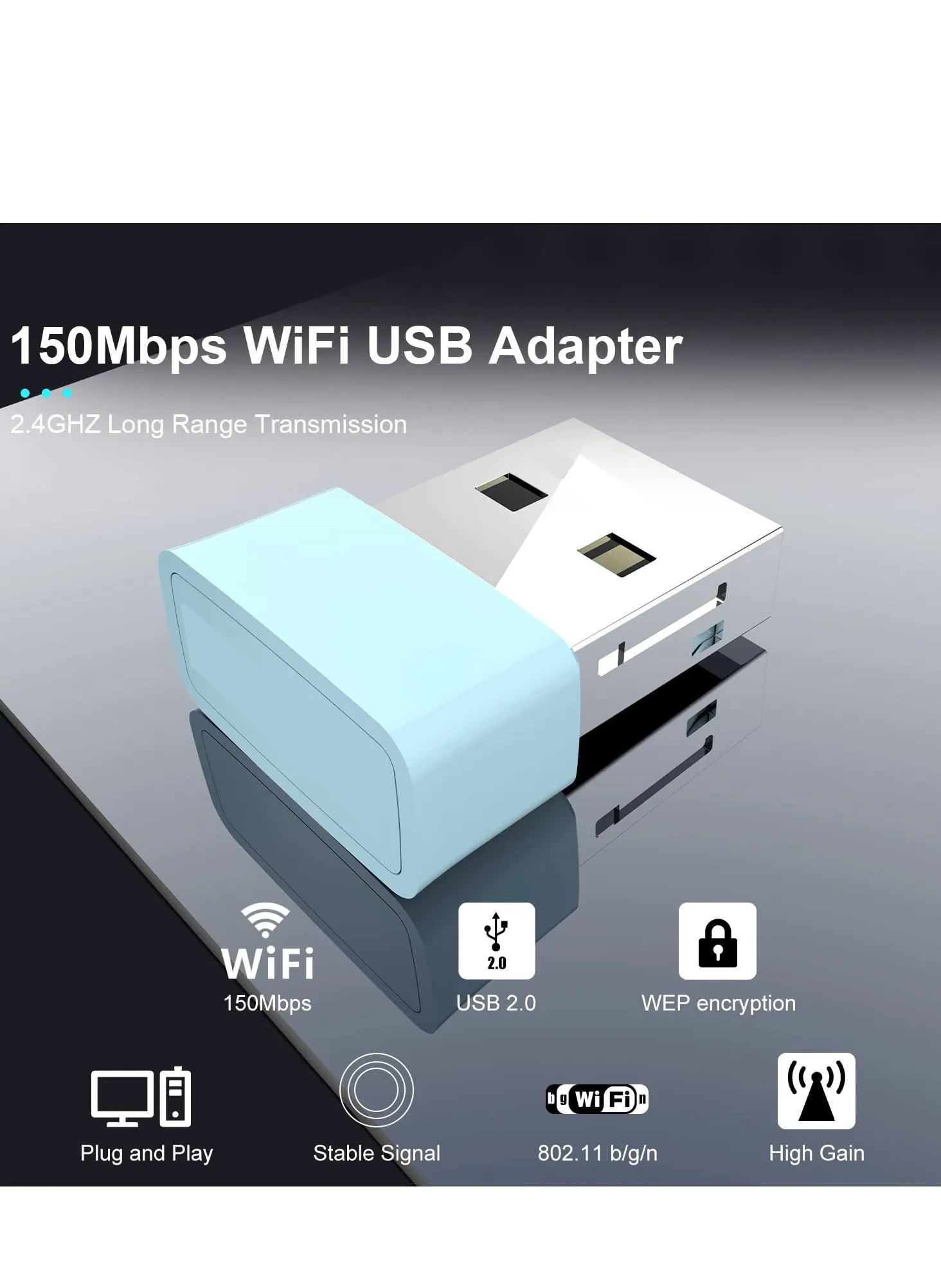 محول واي فاي USB لأجهزة الكمبيوتر المكتبية، محول واي فاي للكمبيوتر الشخصي بسرعة 150 ميجابت في الثانية وتردد 2.4 جيجاهرتز، دونجل واي فاي بحجم نانو، محول شبكة لاسلكية لأجهزة الكمبيوتر المكتبية والكمبيوتر المحمول، دونجل واي فاي، هوائي واي فاي-2