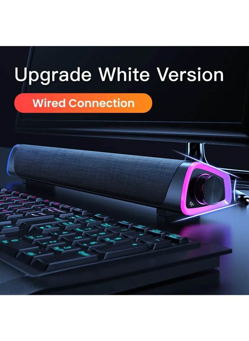 مكبر صوت سلكي USB للكمبيوتر RGB، شريط صوت محيطي ثلاثي الأبعاد، صندوق صوت مع مقبض للتحكم في مستوى الصوت، مدخل صوت 3.5 مم لأجهزة الكمبيوتر المكتبية والكمبيوتر المحمول والهواتف الذكية والكمبيوتر اللوحي-2