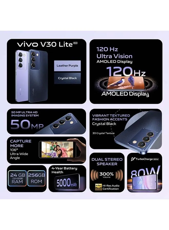 هاتف V30 Lite 5G ثنائي الشريحة باللون الأسود الكريستالي 12 جيجابايت + 12 جيجابايت رام 256 جيجابايت - مع هدايا حصرية سماعات أذن وشاحن 80 وات وضمان لمدة 24 شهرًا + استبدال الشاشة لمدة عام - إصدار الشرق الأوسط-2