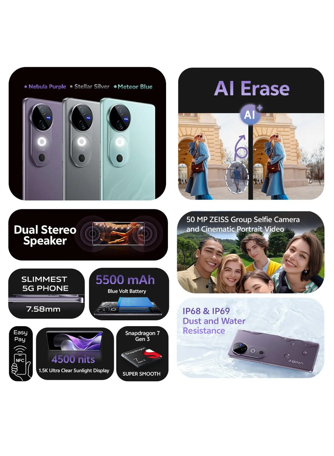 هاتف V40 5G ثنائي الشريحة بلون Nebula Purple وذاكرة وصول عشوائي 12 جيجابايت ومساحة تخزين 256 جيجابايت مع هدايا حصرية سماعات أذن وساعة ذكية وشاحن بقوة 80 وات وضمان لمدة 24 شهرًا واستبدال الشاشة لمدة عام - إصدار الشرق الأوسط-2