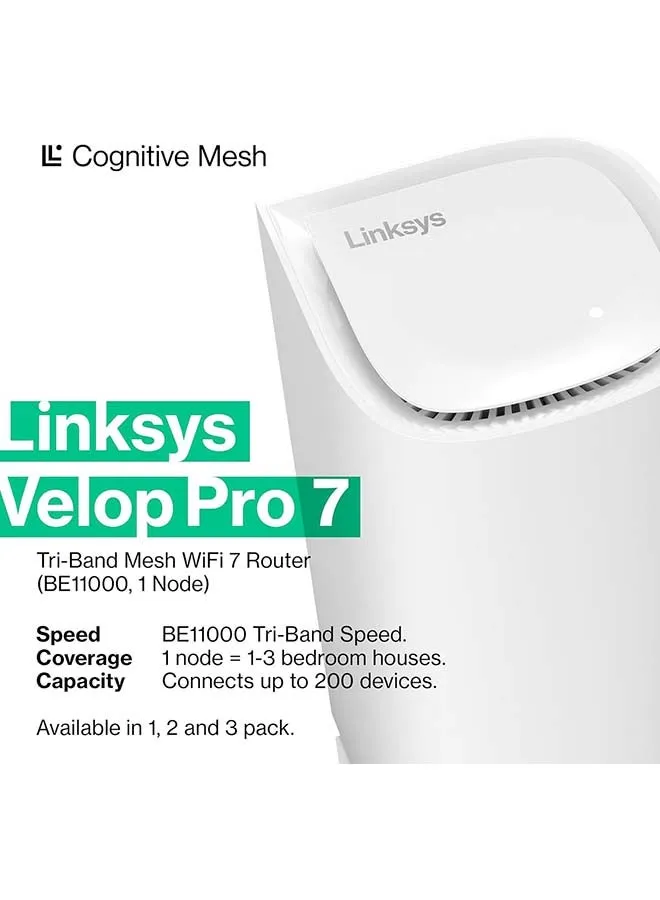 نظام شبكة واي فاي Velop Pro 7 | جهاز توجيه شبكي إدراكي ثلاثي النطاق بسرعات تزيد عن 10 جيجابت في الثانية | تغطية منزلية كاملة تصل إلى 3000 قدم مربع | توصيل أكثر من 200 جهاز | 1 حزمة MBE7001 أبيض-2