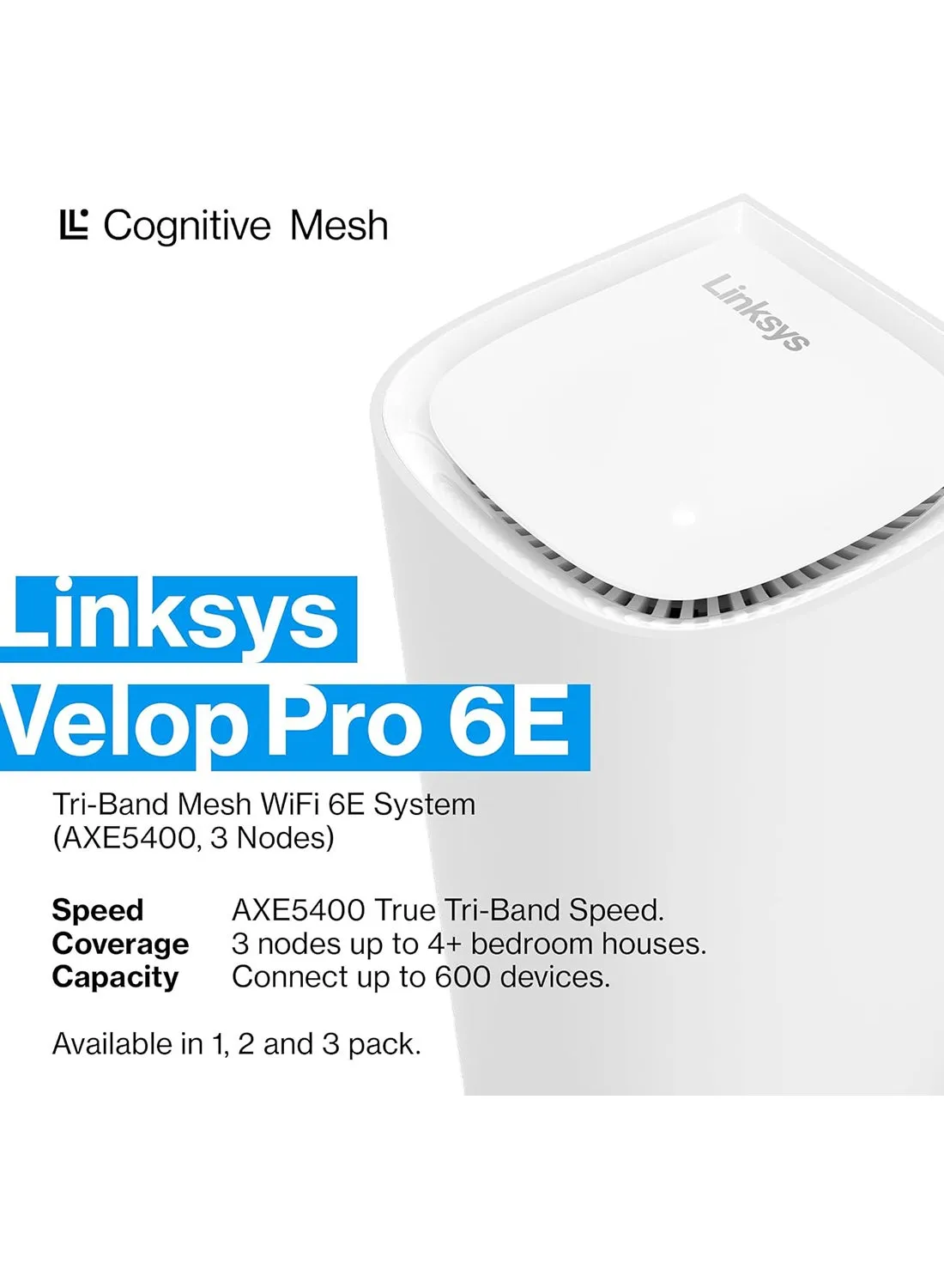 نظام Velop Pro WiFi 6E ثلاثي الموجات MX6203-KE - جهاز توجيه شبكي معرفي مع وصول نطاق 6 جيجا هرتز وسرعة جيجابت حقيقية 5.4 جيجابت في الثانية - تغطية منزلية كاملة تصل إلى 9000 قدم مربع و200 جهاز - 3 عبوات بيضاء-2