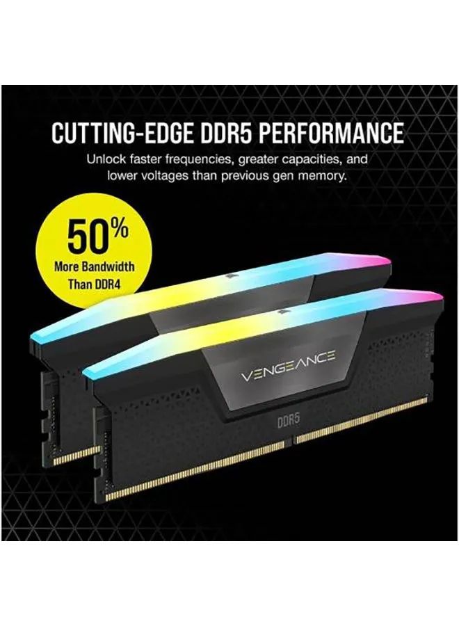 مجموعة ذاكرة سطح المكتب VENGEANCE RGB 64GB (2x32GB) DDR5، سرعة ذاكرة 6400 ميجاهرتز، زمن انتقال CAS 32-40-40-84، Intel XMP 3.0، جهد 1.40، 288 دبوس، RGB متعدد المناطق ديناميكيًا، أسود | CMH64GX5M2B6400C32-2