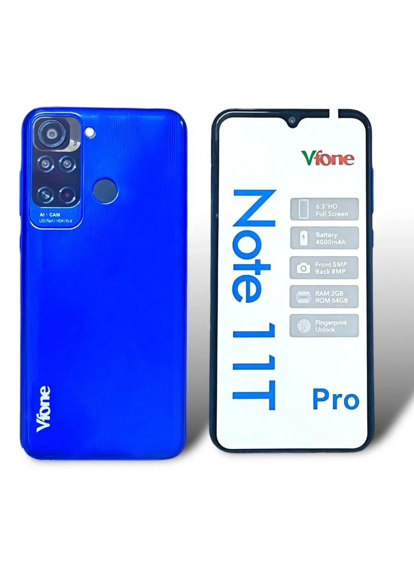 هاتف ذكي Vfone Note 11T Pro سعة 64 جيجابايت + 3 جيجابايت رام وشاشة كاملة عالية الدقة 6.3 بوصة باللون الأزرق-1