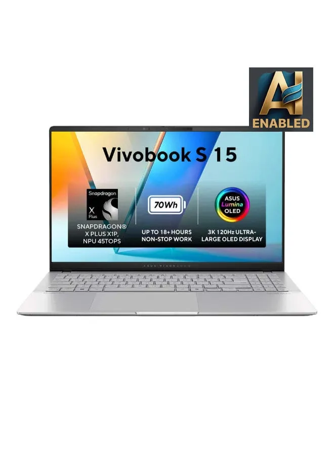 كمبيوتر محمول Vivobook S 15 بشاشة مقاس 15.6 بوصة ومعالج Qualcomm Snapdragon X Plus وذاكرة وصول عشوائي 16 جيجابايت ومحرك أقراص SSD سعة 1 تيرابايت وبطاقة رسومات Intel UHD ونظام تشغيل Windows 11 Home-1