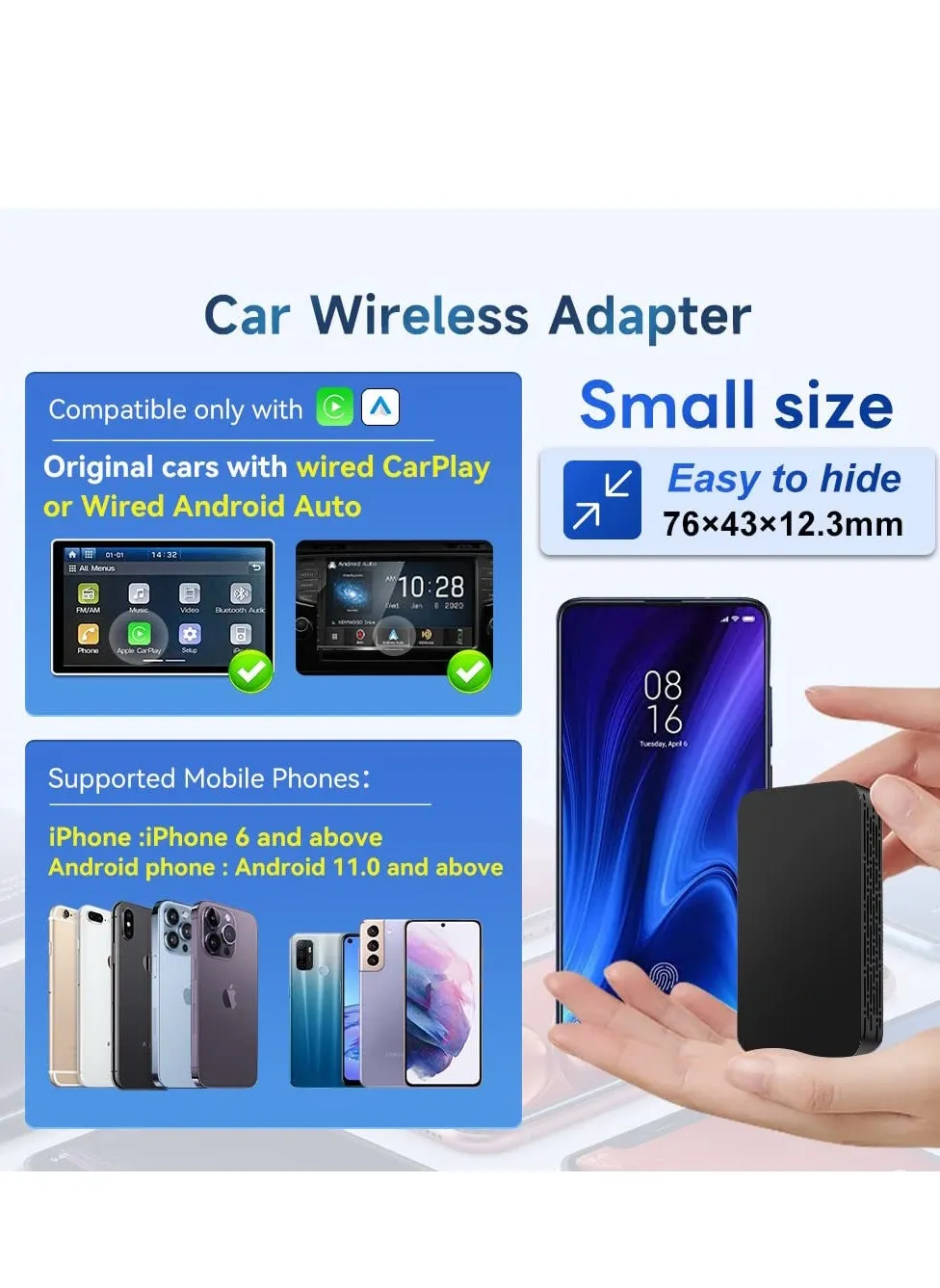 Wireless CarPlay Adapter - Apple CarPlay Android Auto Wireless Adapter Will Built-in Wired to Wireless. Plug and Play Auto Connection Online Upgrades(Video Mirror not Supported)-2