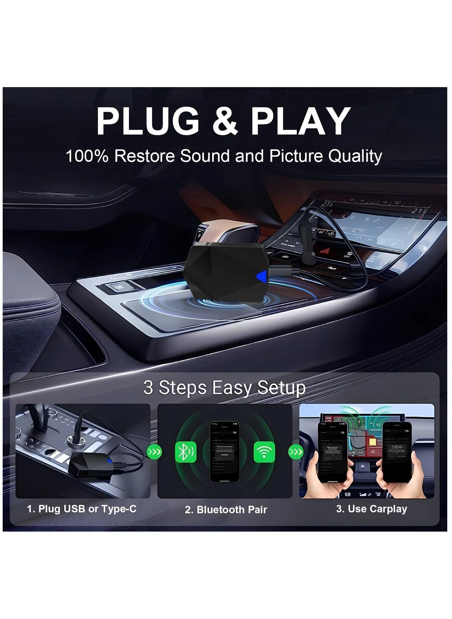 Wireless Carplay Adapter for Apple, Carplay Wireless Adapter Convert Wired to Wireless, Plug & Play Auto Connect Fast Easy Use Fit for Cars from 2016 & iPhone iOS 10+-2