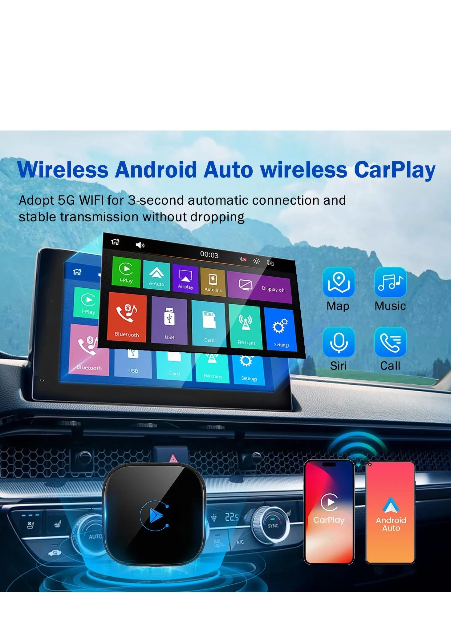 محول CarPlay & Android Auto 2024 اللاسلكي - اتصال ثنائي القناة، يحول السلك إلى لاسلكي، التوصيل والتشغيل. يتصل تلقائيًا عبر واي فاي 5 جيجا هرتز للسيارات من 2015+، أسود-2