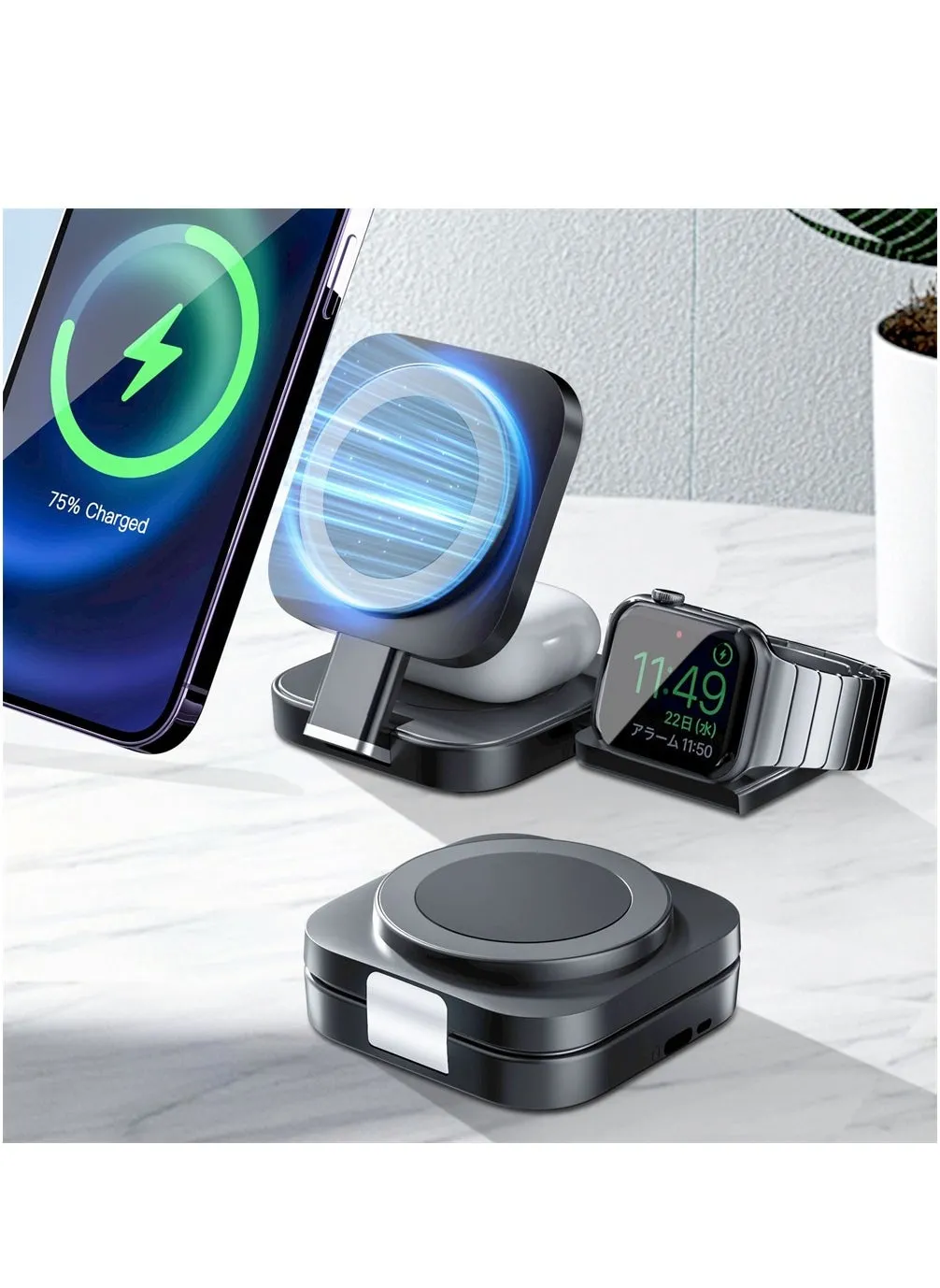 Wireless Charger 3 in 1 Fast Charging Foldable Magnetic Charging Station for Apple Devices for Magsafe Wireless Charger Pad for iPhone Fits for iPhone 15 Pro Max for iWatch for Air--pods-1