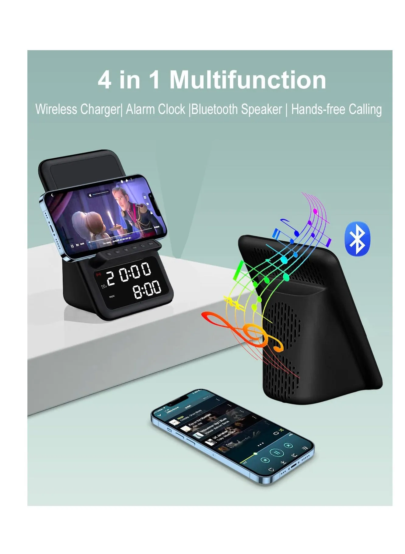 محطة شحن لاسلكية مع مكبر صوت بلوتوث وساعة منبه، شاحن لاسلكي 4 في 1، متوافق مع سلسلة iPhone وسلسلة Samsung والمزيد (أسود)-2