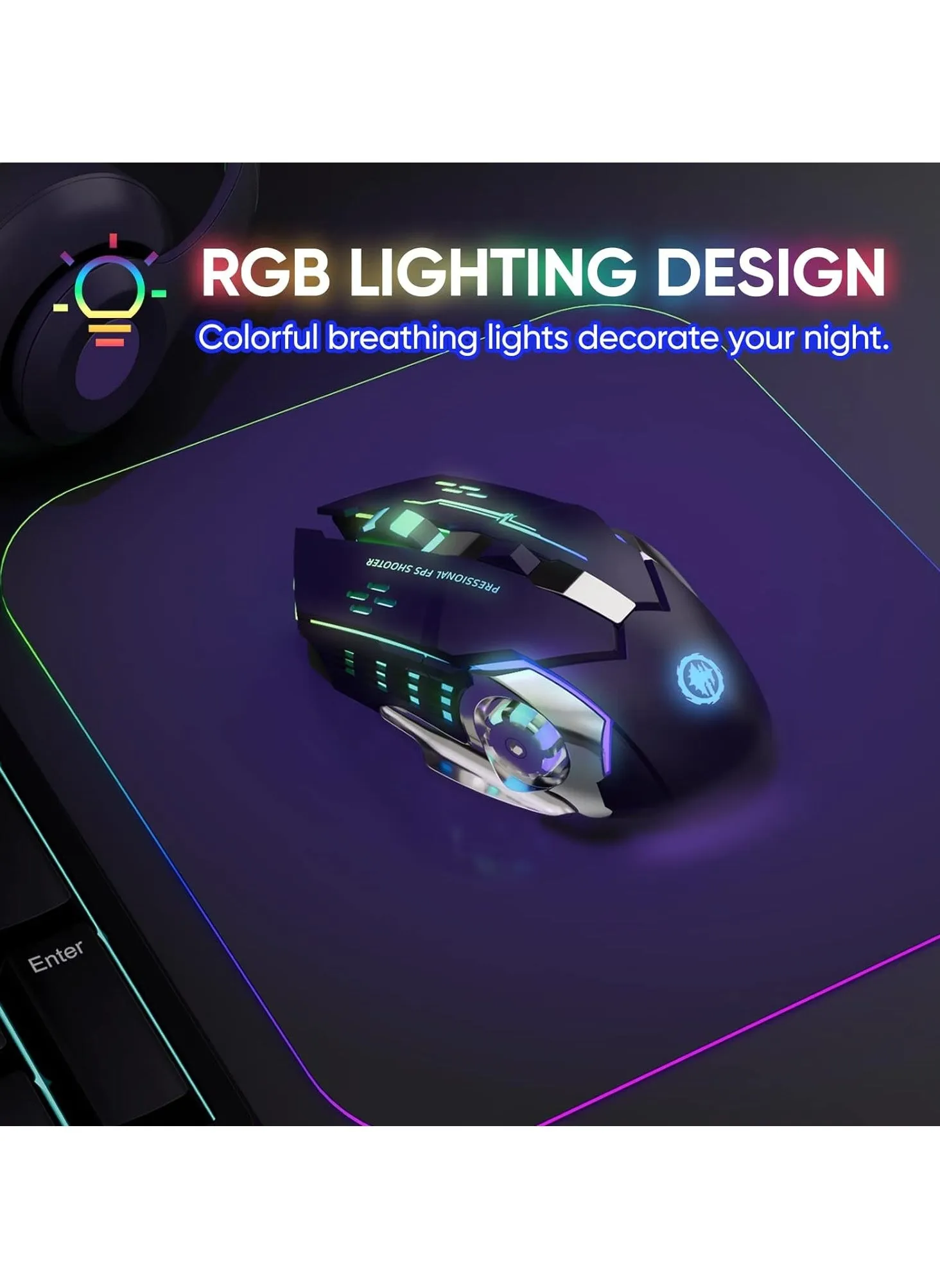 ماوس ألعاب لاسلكي بلوتوث، ماوس RGB قابل لإعادة الشحن، لاسلكي 2.4G مع منفذ USB، خالٍ من الأسلاك، مزود بإضاءة خلفية بتبديل 7 ألوان، 6 أزرار ونقر صامت، مناسب للابتوب، iPad، Mac OS، الكمبيوتر الشخصي، Windows - أسود.-2