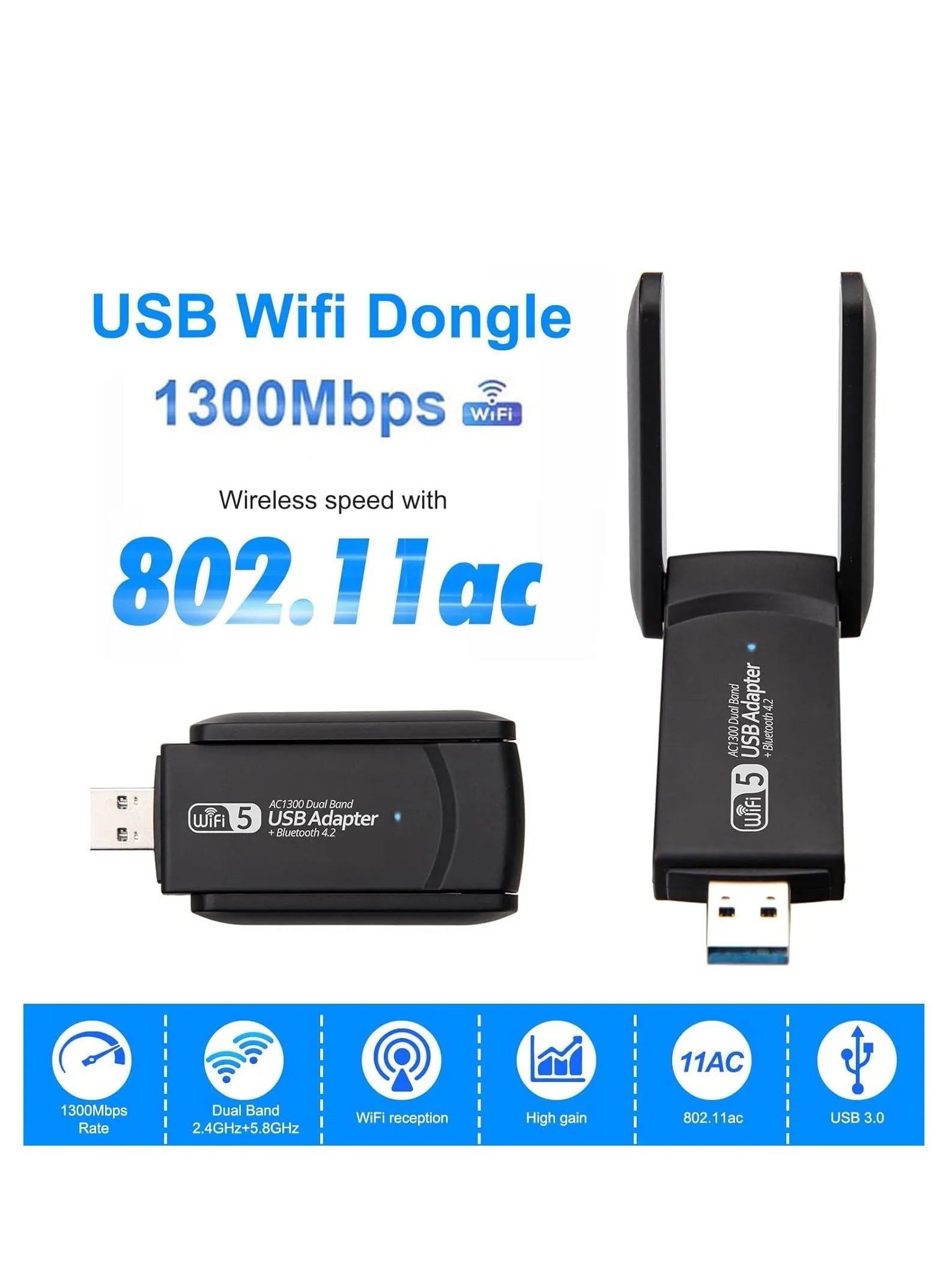 مهايئ USB لاسلكي، محول USB لاسلكي 1300 ميجابت في الثانية USB WiFi 5، 5.8 جيجا هرتز/2.4 جيجا هرتز 5 ديسيبل 5 ديسيبل ثنائي النطاق USB 3.0 دونجل واي فاي للكمبيوتر الشخصي/سطح المكتب/الجهاز اللوحي/ الكمبيوتر المحمول، يدعم ويندوز 11/10/8.1/8.1/8/7/XP/فيستا، ماك أو إس 10.11-10.15-2