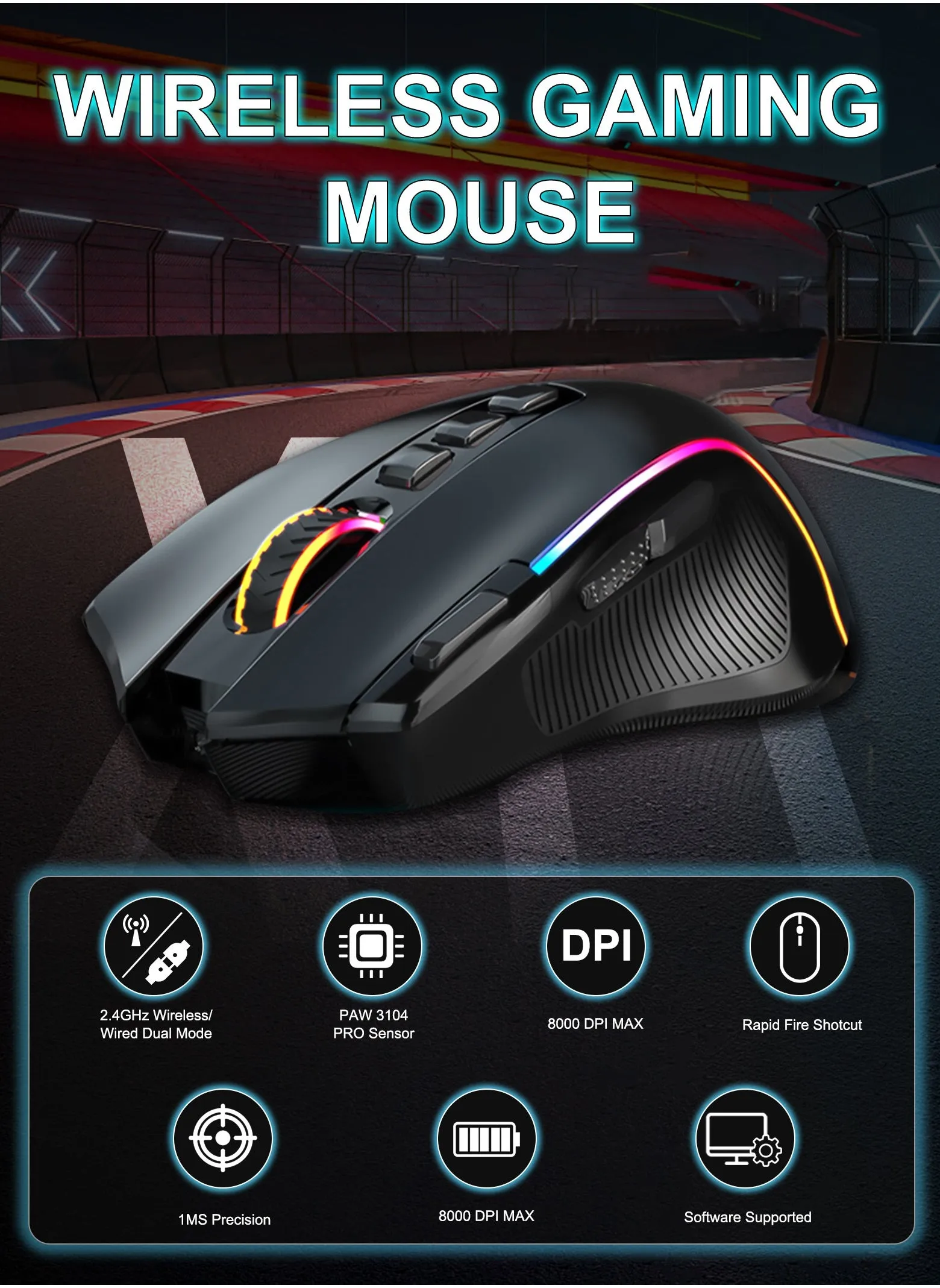 X-11 2.4G Wireless Dual mode Gaming Mouse, 8000 DPI Optical Sensor, RGB Backlit, MMO 9 Programmable Buttons, with Macro Recording, for Mac Windows Computer Gamer, Black-2