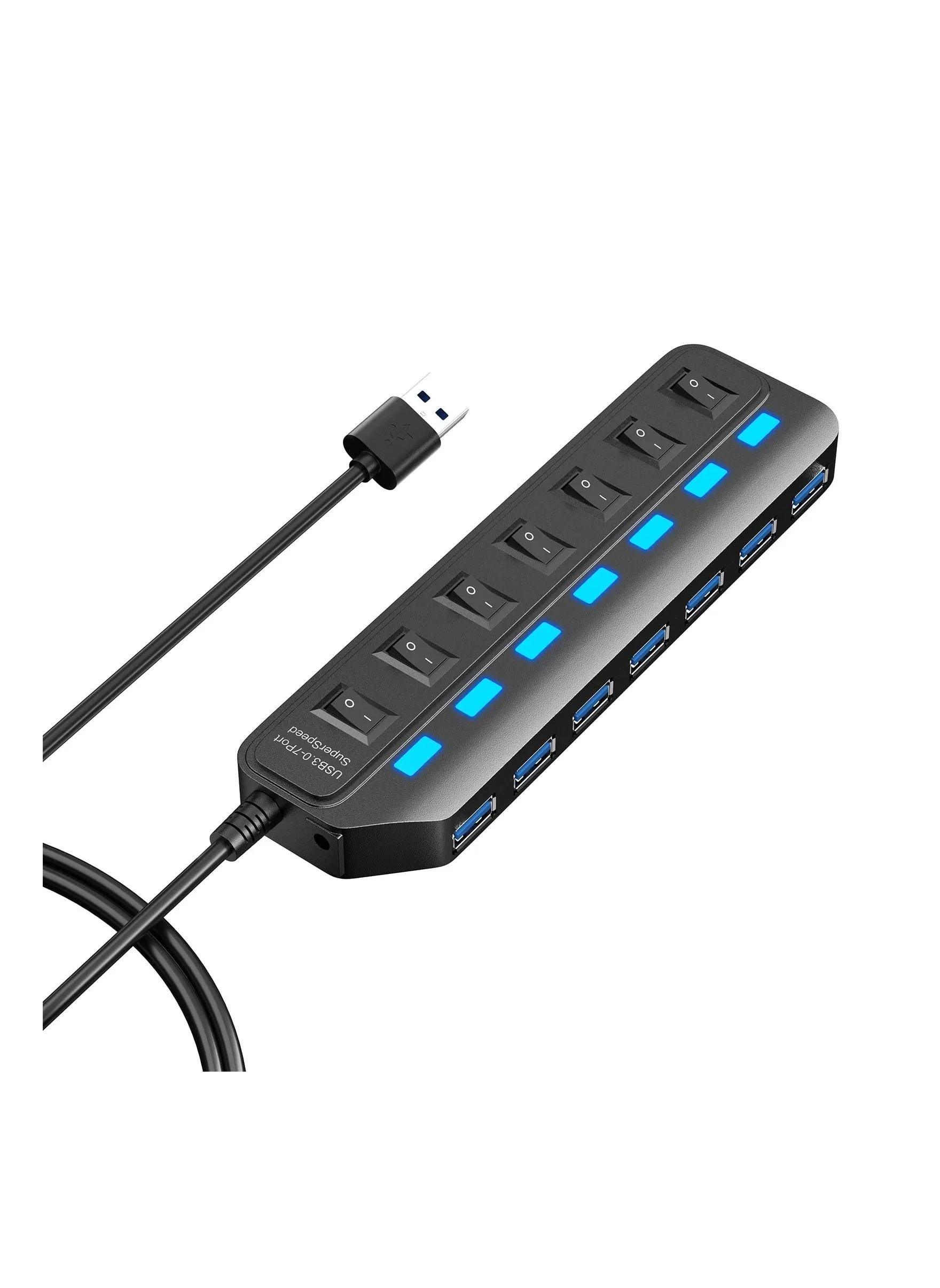 موزع يو إس بي 3.0 من XICEN USB 3.0، 7 منافذ USB Hub مع مفاتيح تشغيل/إيقاف تشغيل LED فردية، 5 جيجابت في الثانية تمديد بيانات USB عالي السرعة لأجهزة الكمبيوتر المحمول و iMac ومحركات أقراص USB المحمولة ومحركات الأقراص الصلبة المحمولة والطابعة والكاميرا والمزيد-1