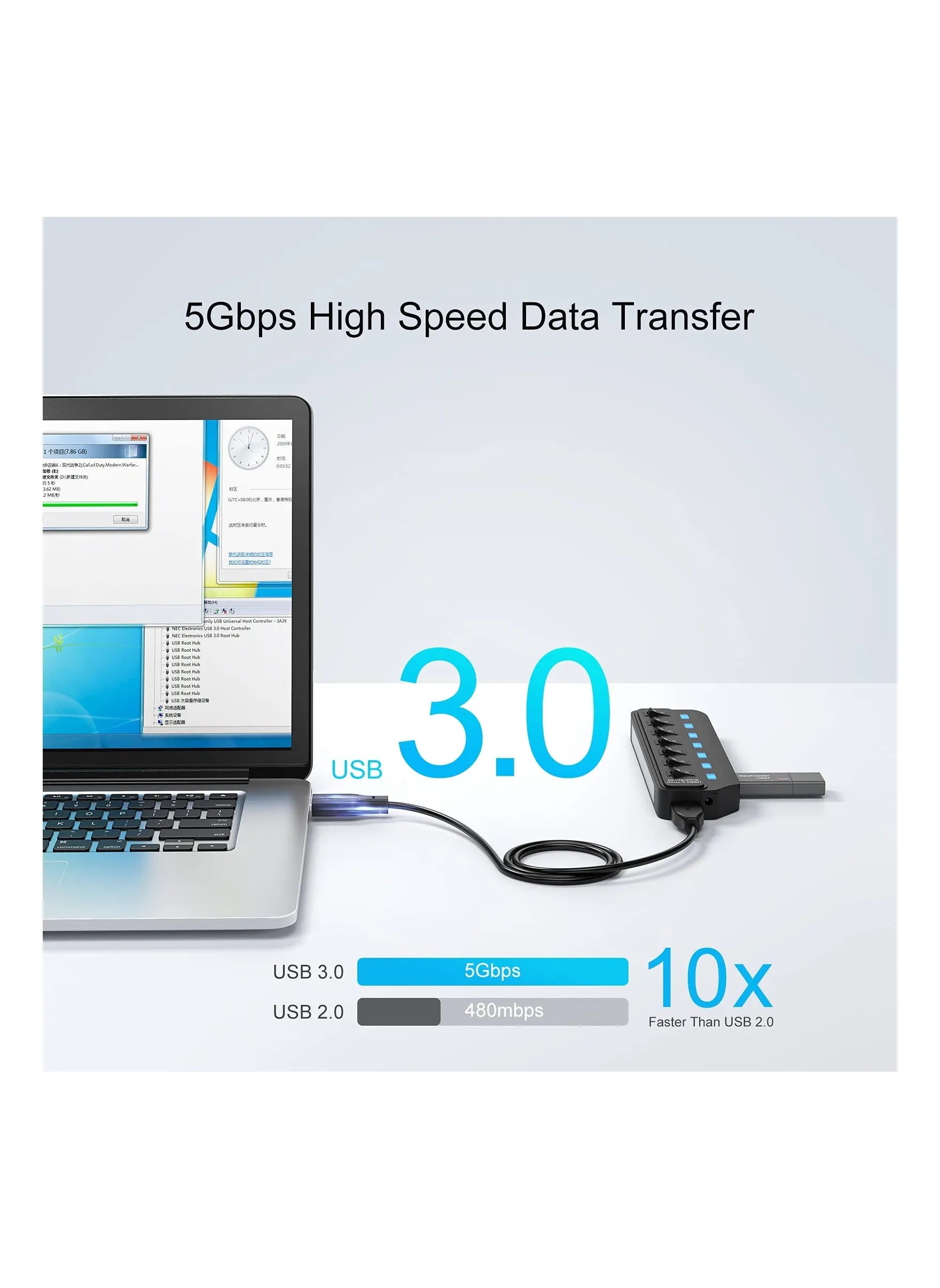 موزع يو إس بي 3.0 من XICEN USB 3.0، 7 منافذ USB Hub مع مفاتيح تشغيل/إيقاف تشغيل LED فردية، 5 جيجابت في الثانية تمديد بيانات USB عالي السرعة لأجهزة الكمبيوتر المحمول و iMac ومحركات أقراص USB المحمولة ومحركات الأقراص الصلبة المحمولة والطابعة والكاميرا والمزيد-2