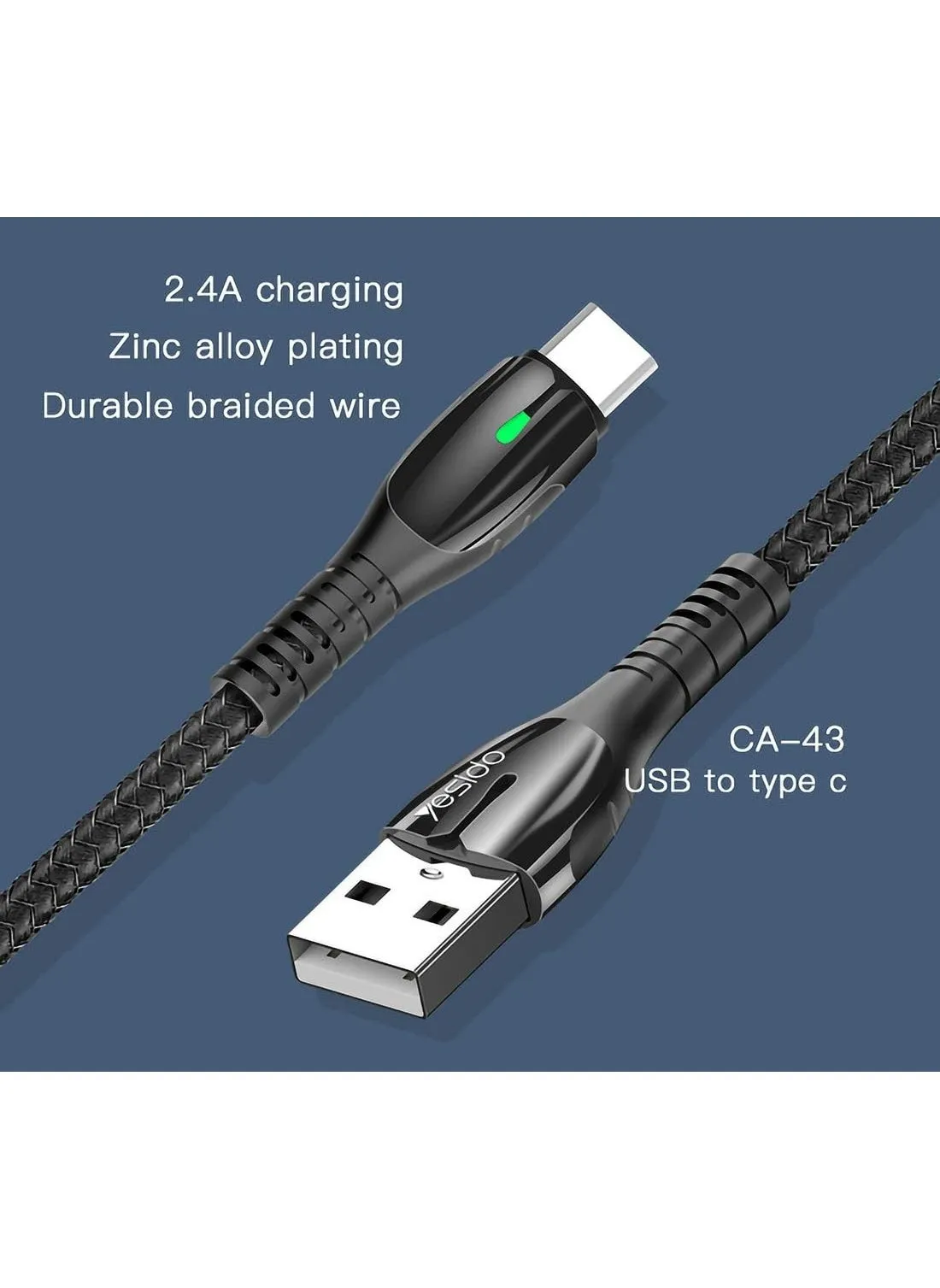 Yesido CA43 كابل معدني كابل طلاء من سبائك الزنك مضفر من النايلون مع ضوء LED كابل USB إلى Type-C - أسود-2