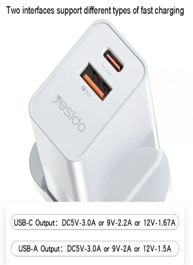 Yesido YC32 PD20W + QC3.0 USB + Type-C / USB-C ثنائي المنفذ شحن سريع شاحن الهاتف المحمول (قابس الاتحاد الأوروبي)-2