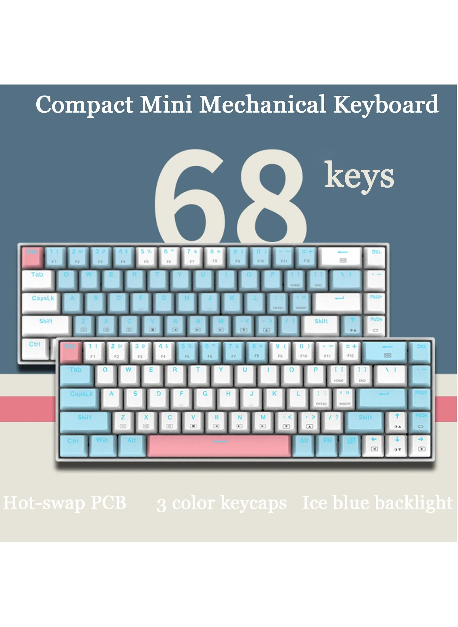 Z-686 68key لوحة مفاتيح الألعاب الميكانيكية ذات الإضاءة الخلفية الزرقاء مفاتيح بيضاء زرقاء-زرقاء-2