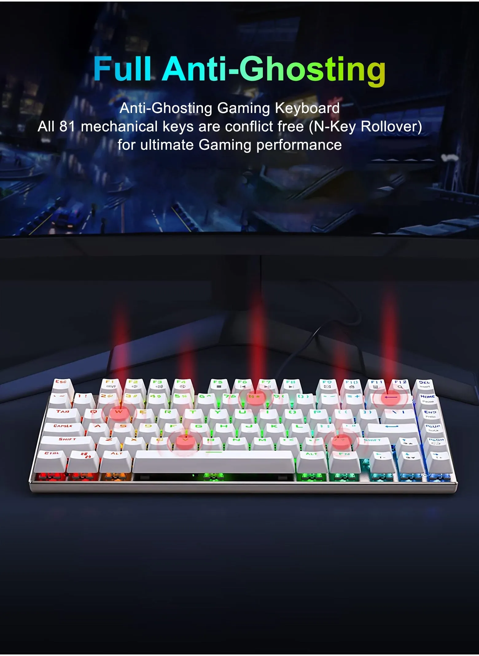 لوحة مفاتيح للألعاب الميكانيكية Z-88 RGB، لوحة معدنية، مفاتيح حمراء، 75% 81 مفتاحًا مدمجة لماك والكمبيوتر الشخصي، فضي وأبيض-2